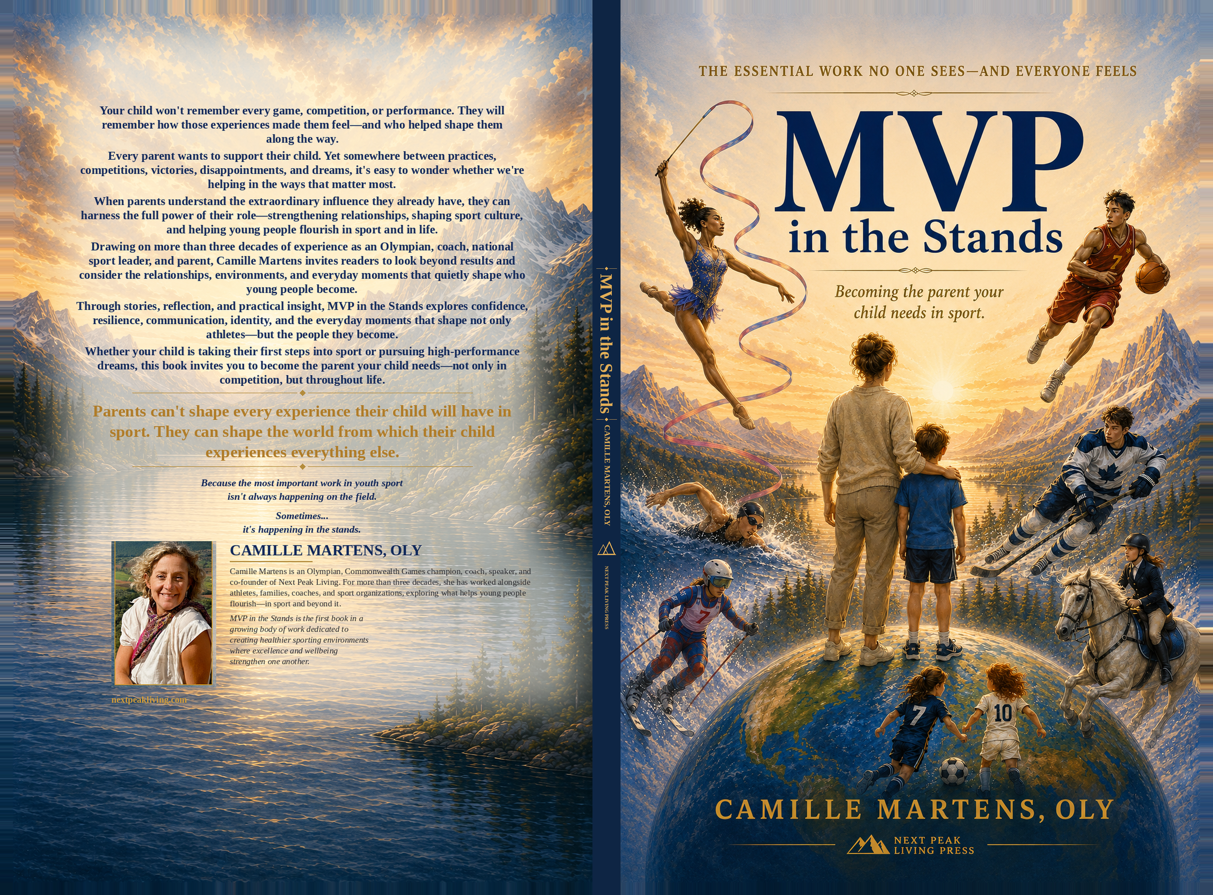 A book cover titled 'MVP in the Stands' by Camille Martens, depicting children and athletes engaged in various sports against a scenic mountain and sunset background, with clouds and water elements.