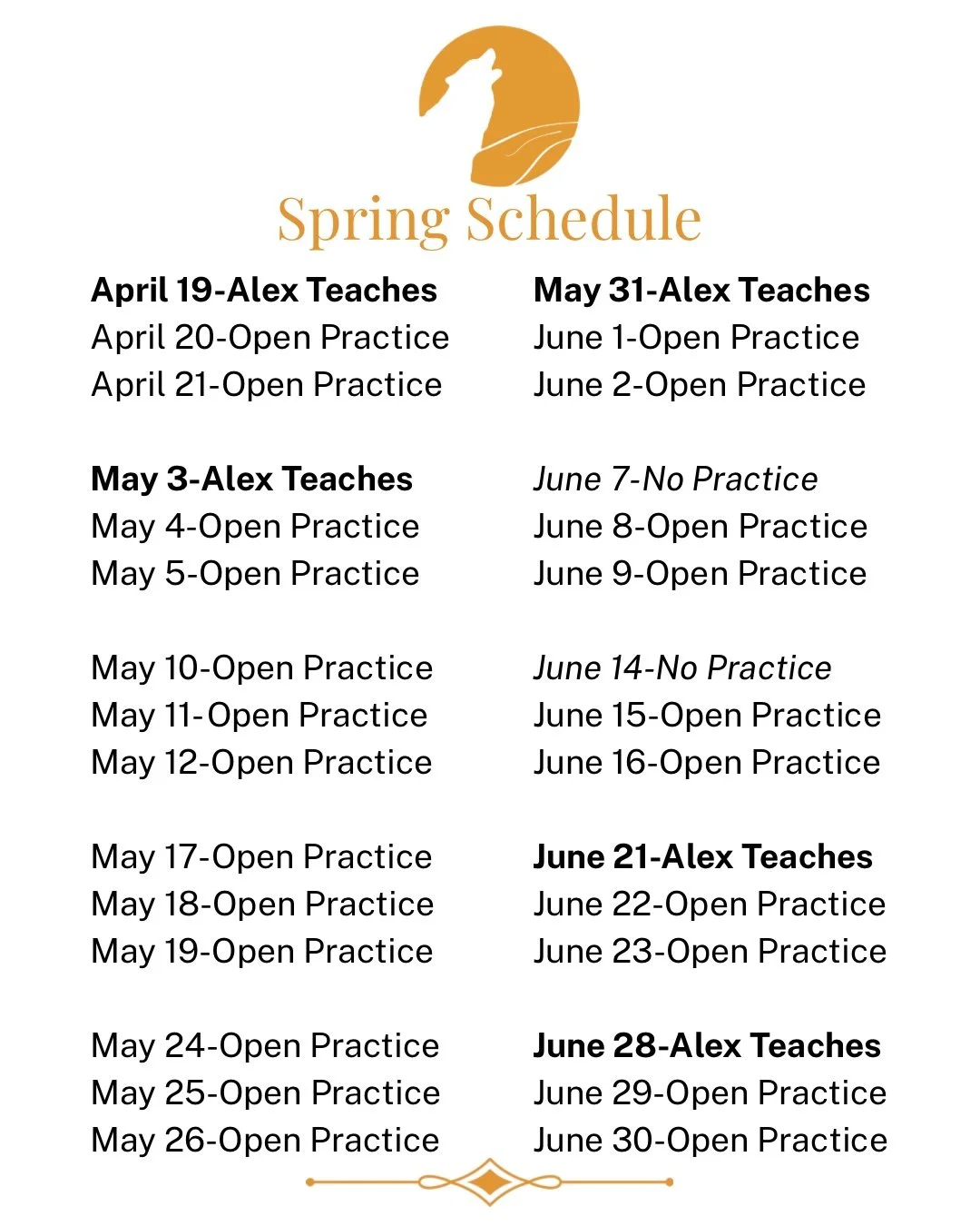 Spring schedule calendar for Open Practice and Mysore with Alex from April 19 to June 30, 2023.