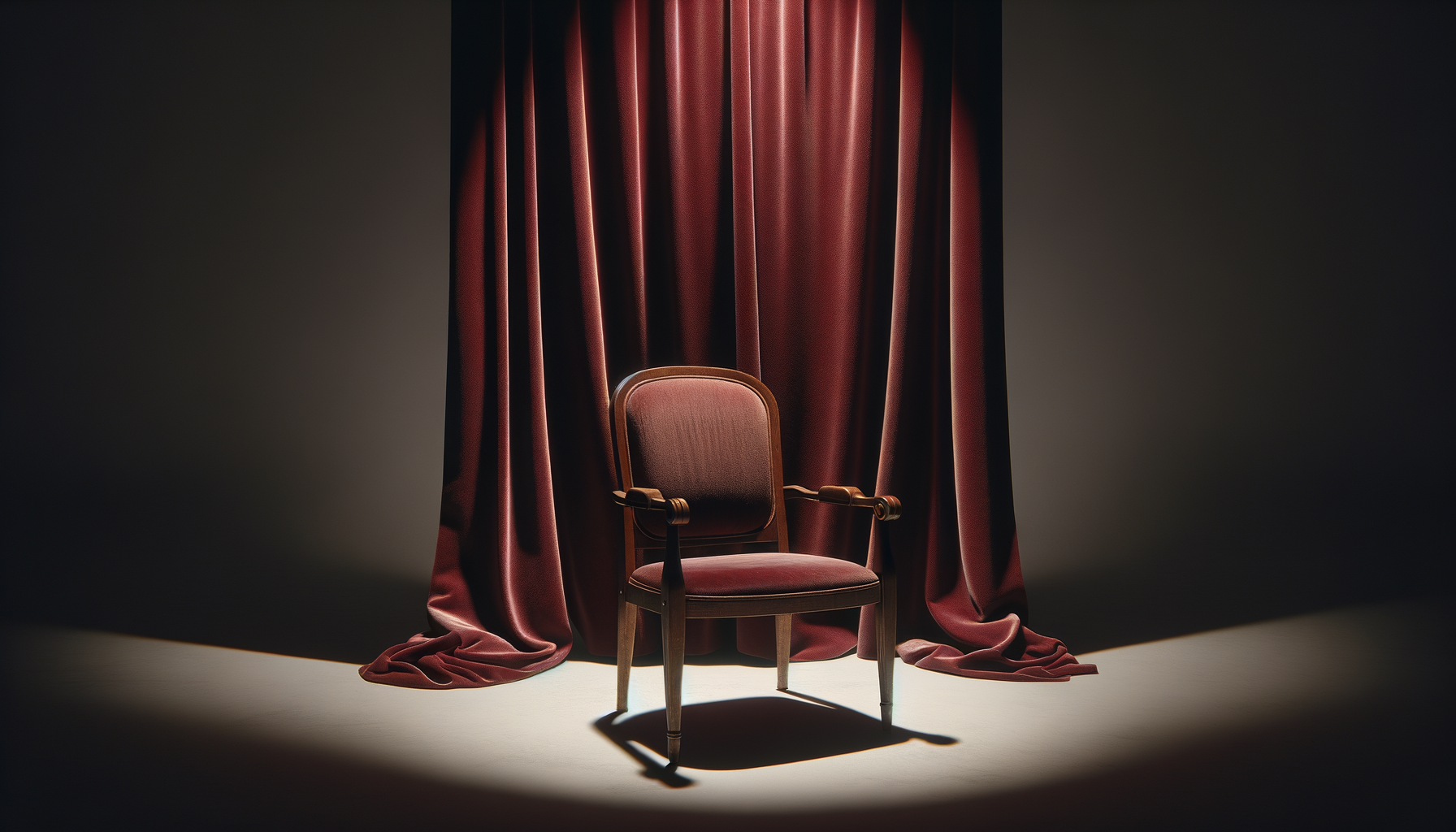 A single vintage wooden chair with padded seat and backrest in front of closed red theater curtains, illuminated by a soft spotlight on a dark background.