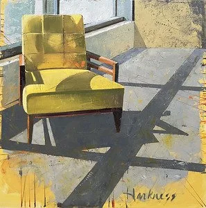 Painting of a green armchair with wooden armrests on a balcony with shadows cast by sunlight.
