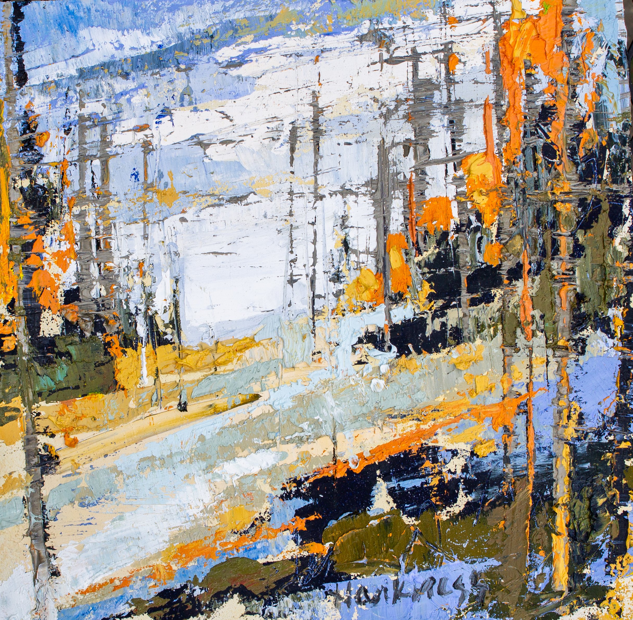 An abstract painting with bold textured brushstrokes in shades of blue, white, black, orange, yellow, and green. The composition suggests a landscape or cityscape scene with layered colors and dynamic lines.