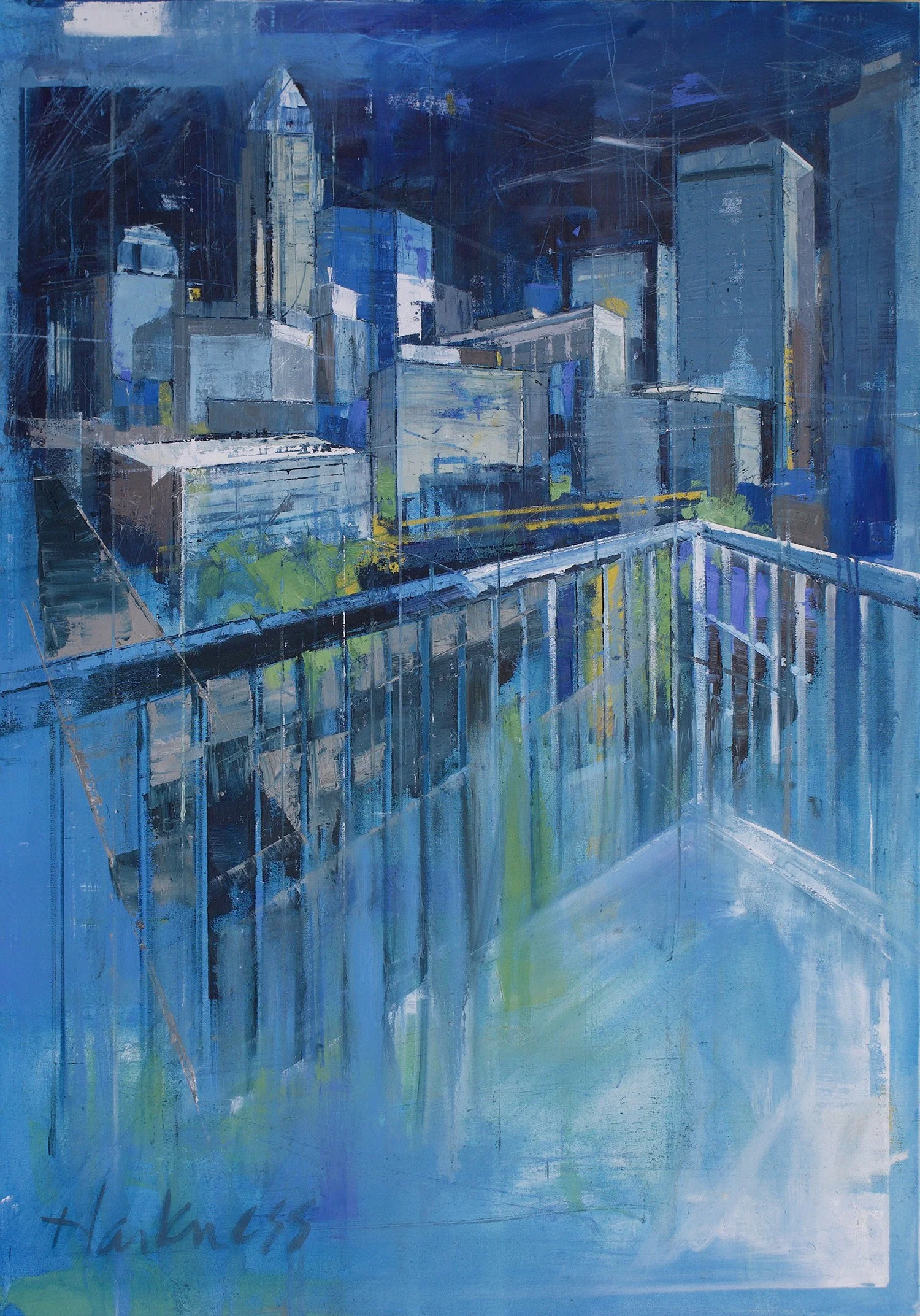 Abstract cityscape painting with blue, green, and gray tones, featuring skyscrapers and reflections.