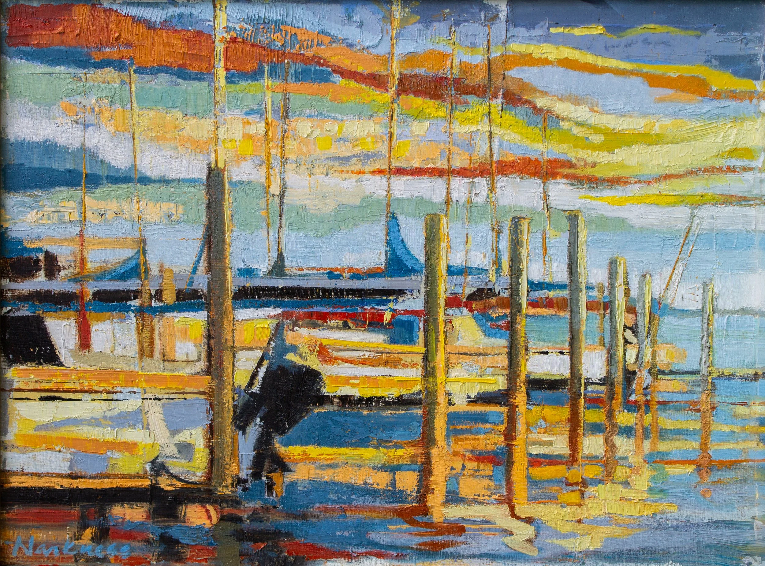An abstract painting of a landscape scene with boats and water, featuring dark, bright, and pastel colors with thick brushstrokes.