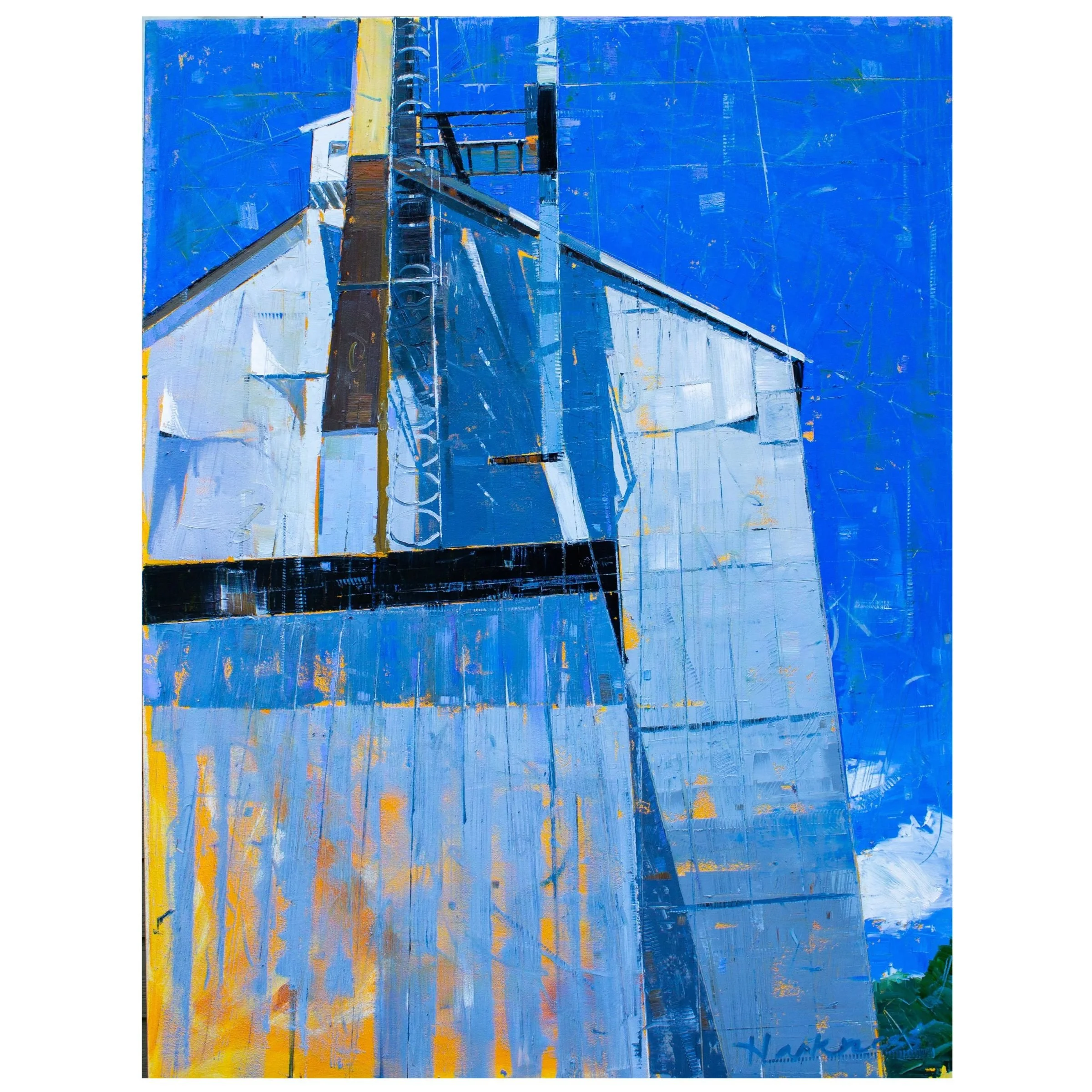 Abstract painting with bold blue, yellow, and white strokes, featuring a central vertical yellow line and dynamic brushwork.