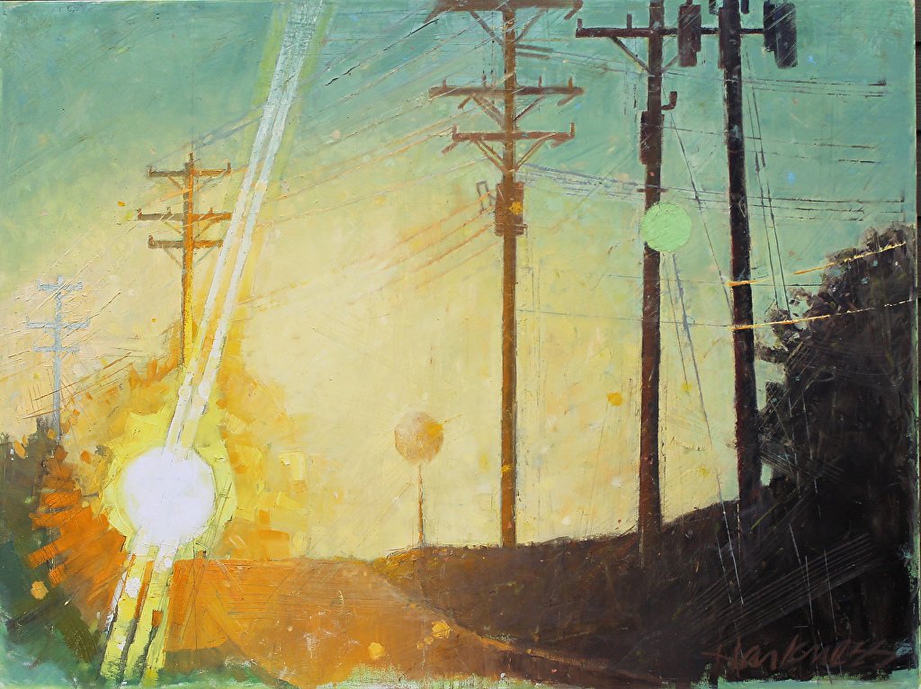 A painting of power lines on a rural landscape during sunrise or sunset, with a warm yellow and orange sky, and dark silhouettes of trees and power poles.