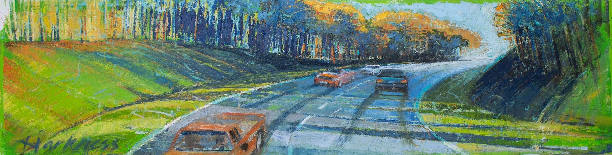 An impressionistic painting of a highway with three cars driving in each direction surrounded by green, orange, and blue trees and grass.