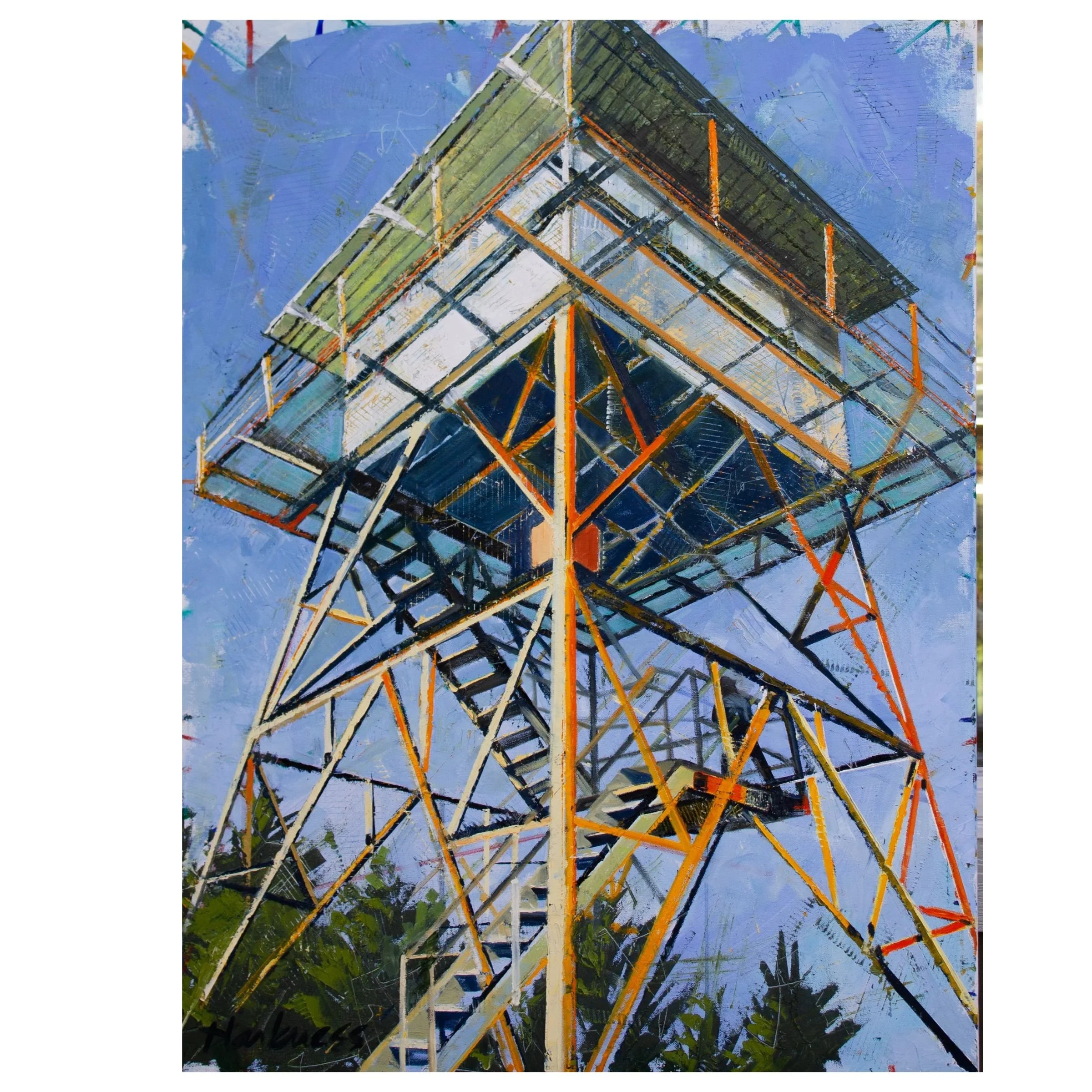 A painting of a steel transmission tower viewed from below, with a blue sky and some clouds in the background, and trees at the bottom.
