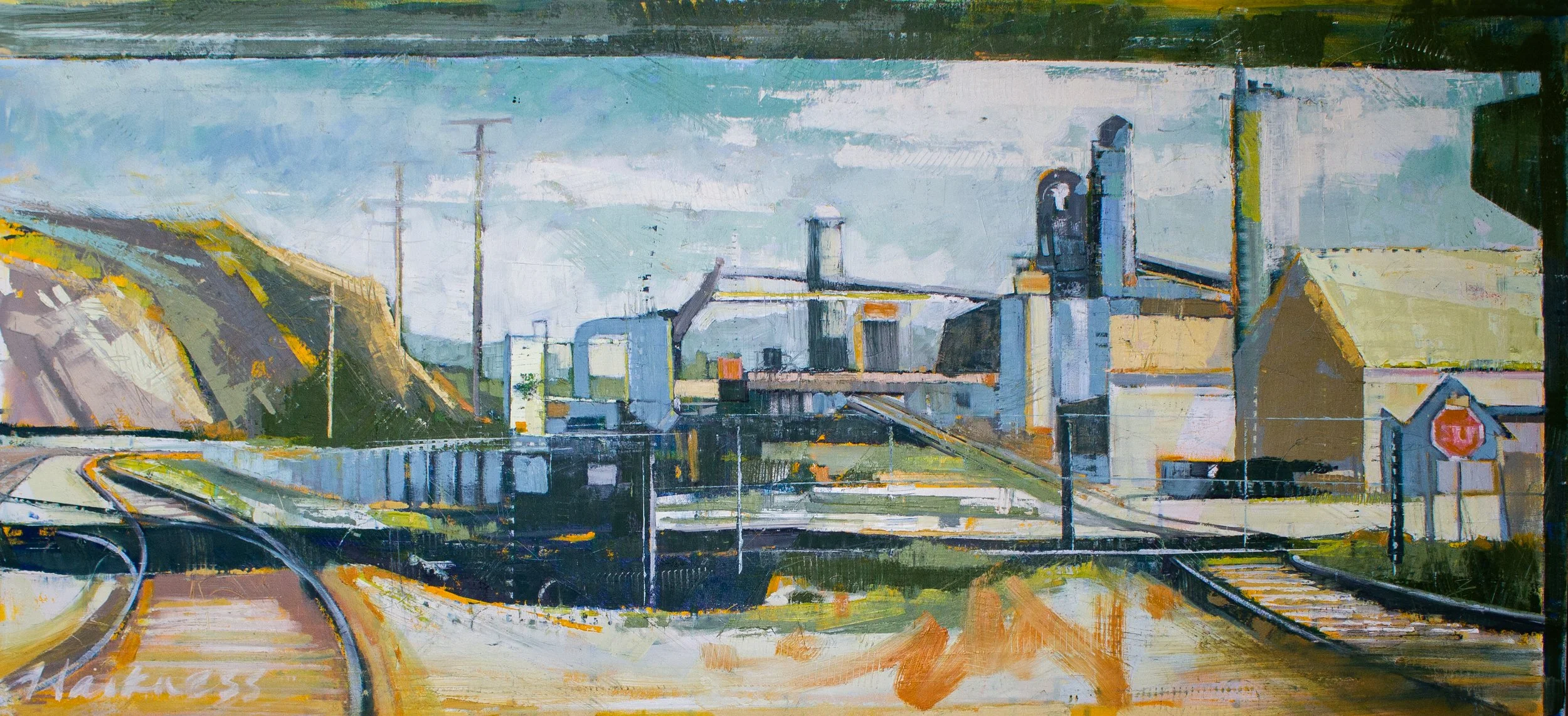 An abstract painting of an industrial landscape with train tracks, factories, and power lines, in shades of blue, gray, and yellow.