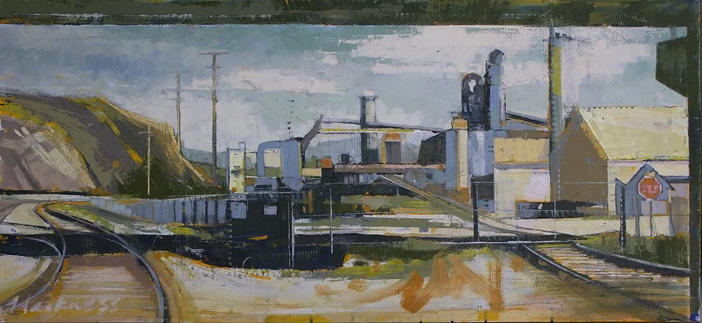 A painting of a rural industrial scene with railroad tracks, factory buildings, a stop sign, and hills in the background.