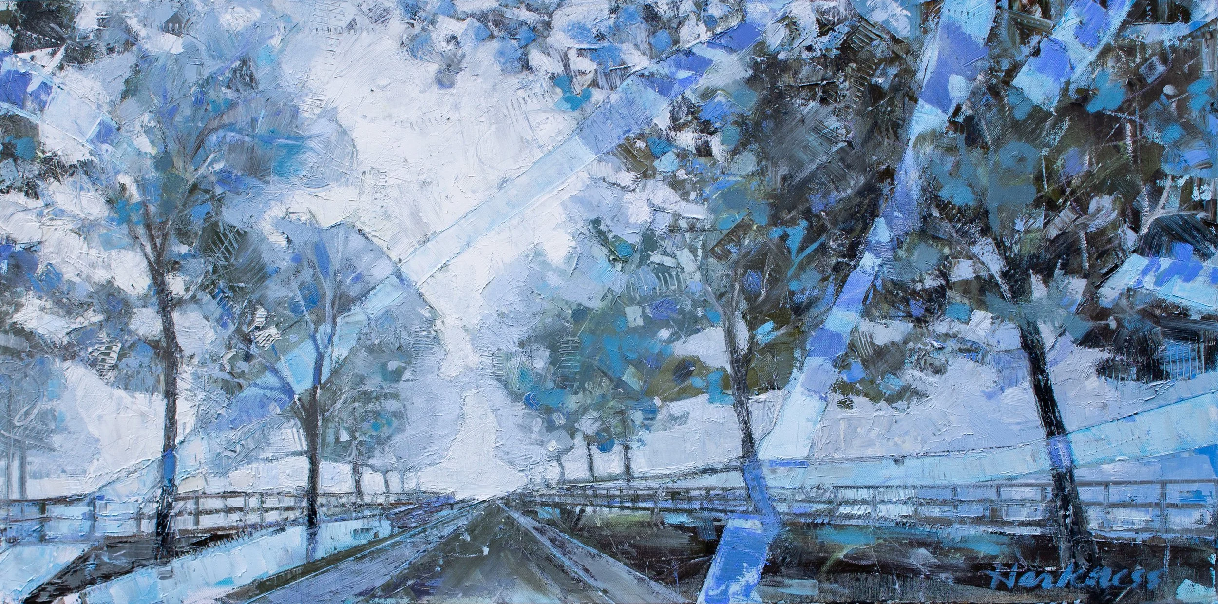 An impressionist painting of a snowy street with trees and houses, using blue, white, and dark colors.