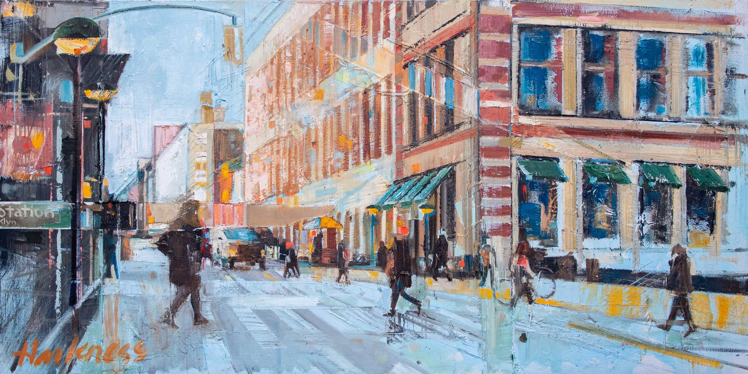 A painting of a city street scene with buildings, people, and storefronts, using bold brushstrokes and vibrant colors.