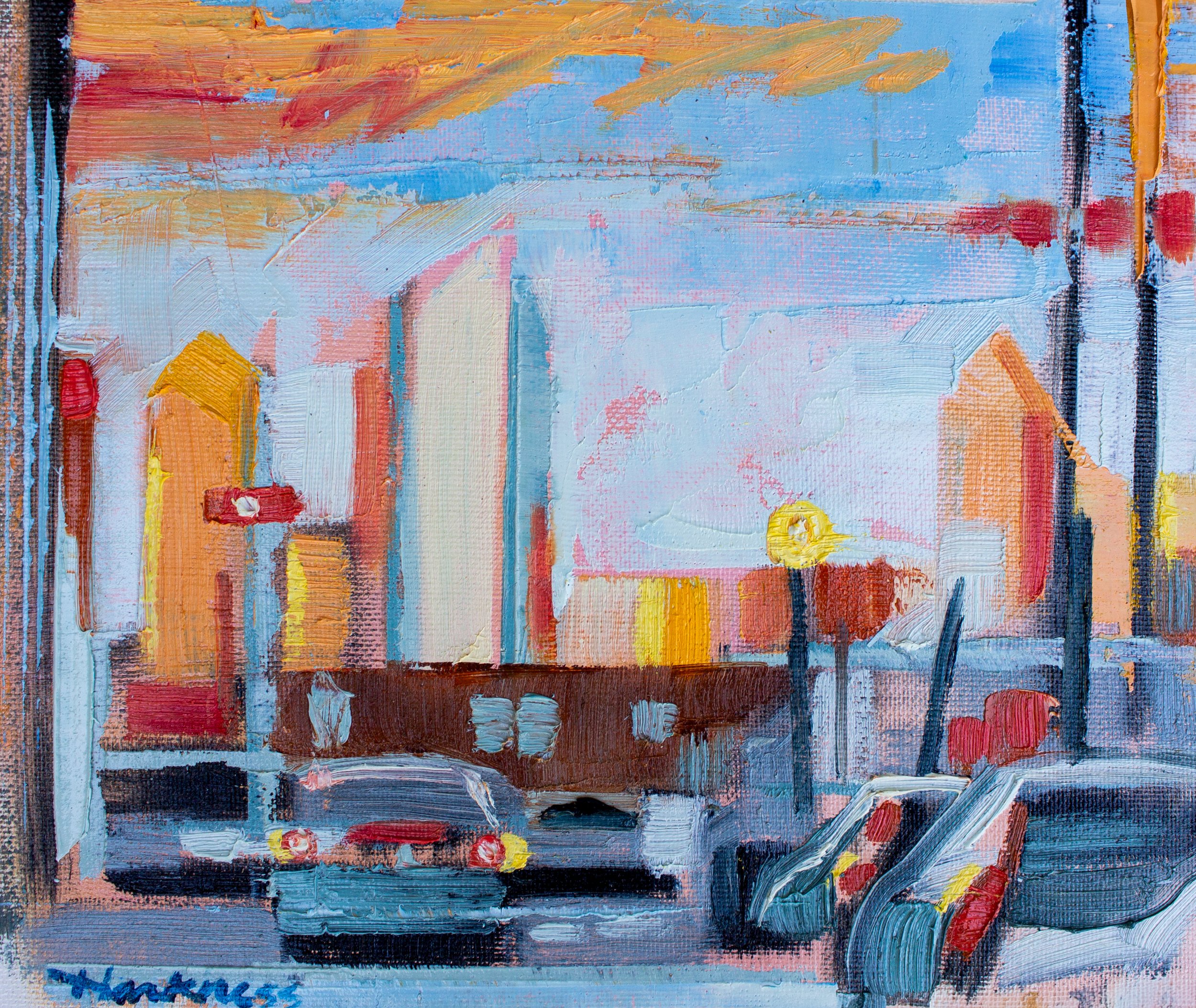 Abstract painting with layers of textured brushstrokes in shades of blue, red, yellow, orange, pink, black, and white, featuring various geometric and random shapes.