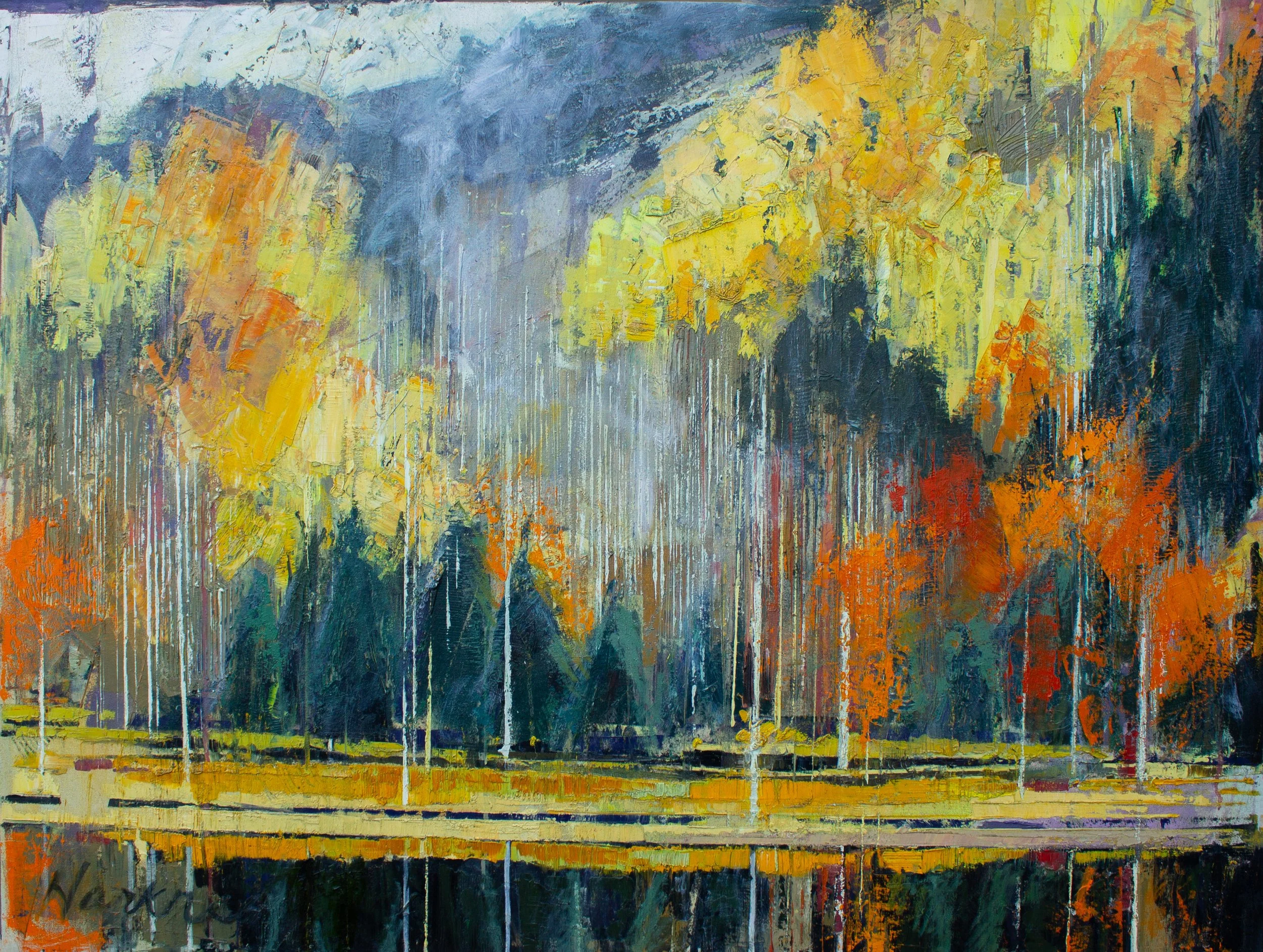 An abstract oil painting with textured strokes, featuring a mix of yellow, orange, blue, and green colors with vertical streaks and layered brushwork.