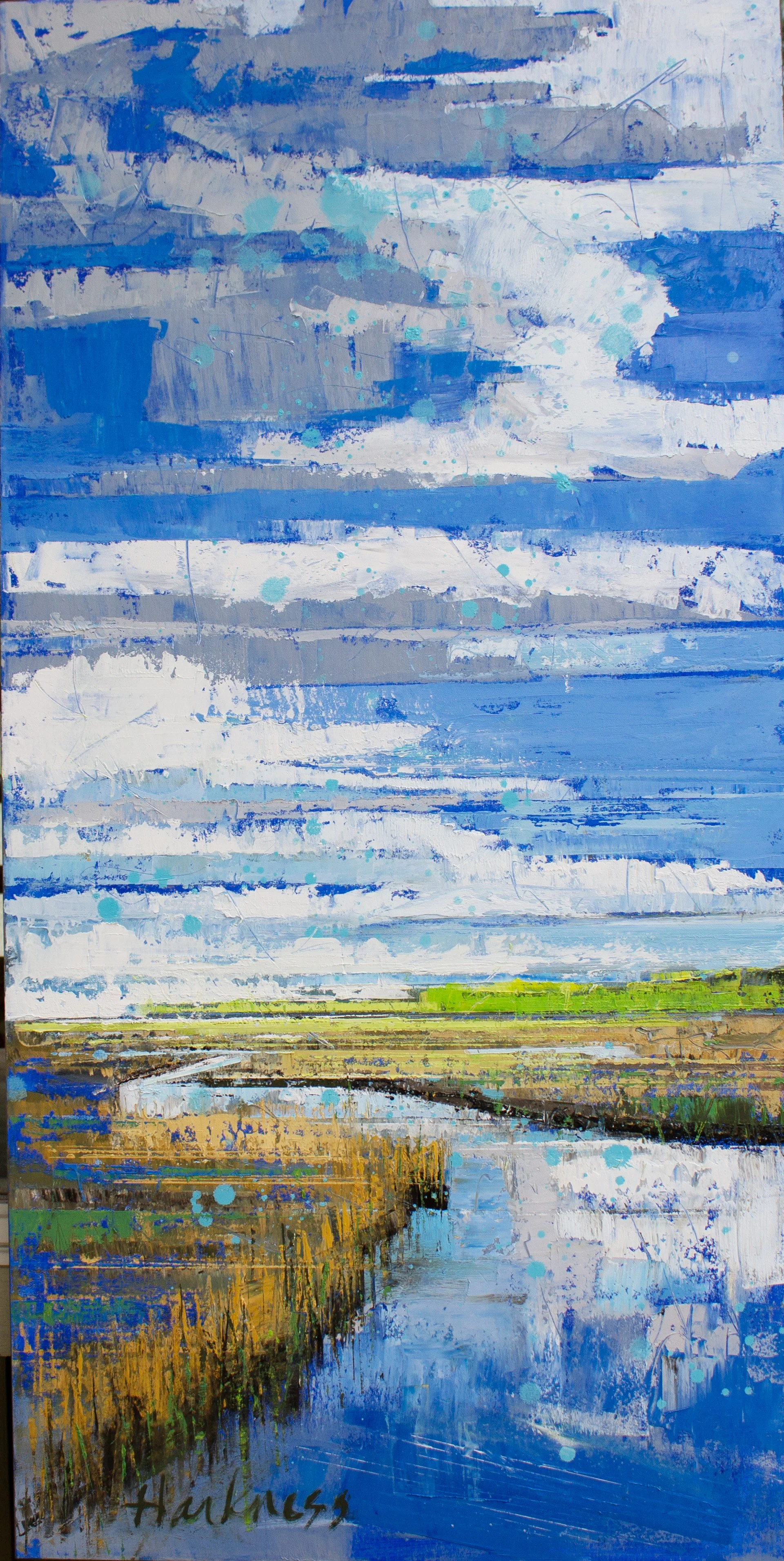Abstract landscape painting featuring a wooden pier extending over water, with a bright blue sky filled with layered clouds, and green and brown land in the background. The artist's signature 'Hahne' is in the bottom left corner.