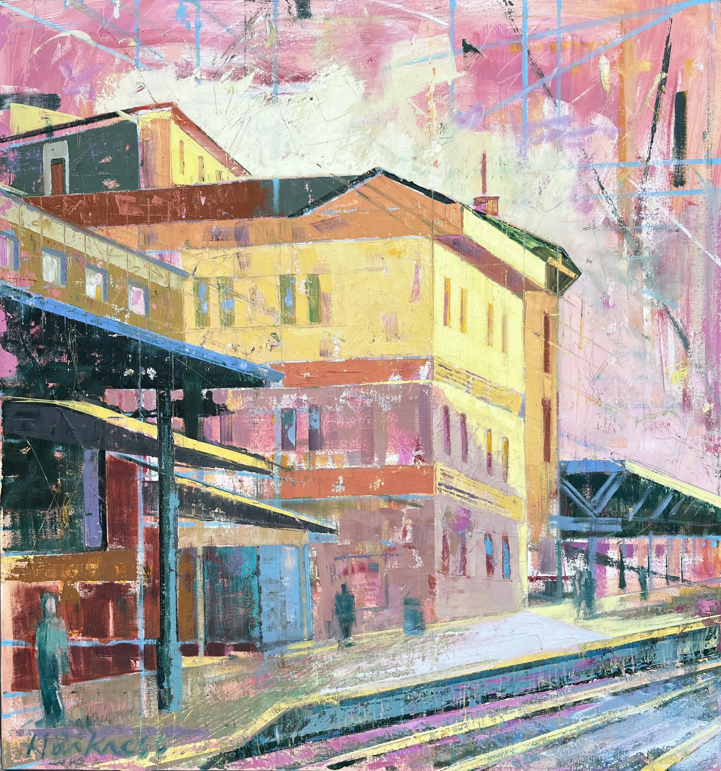 An abstract painting of city buildings with colorful brushstrokes and visible paper texture, featuring shades of pink, yellow, blue, green, and black.