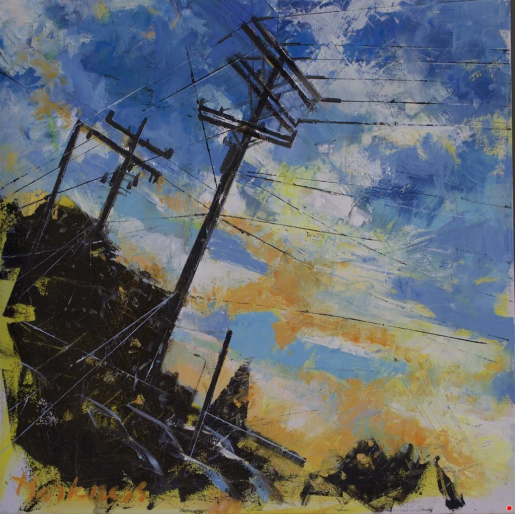Abstract painting of utility poles and power lines against a colorful sky with shades of blue, yellow, and white.