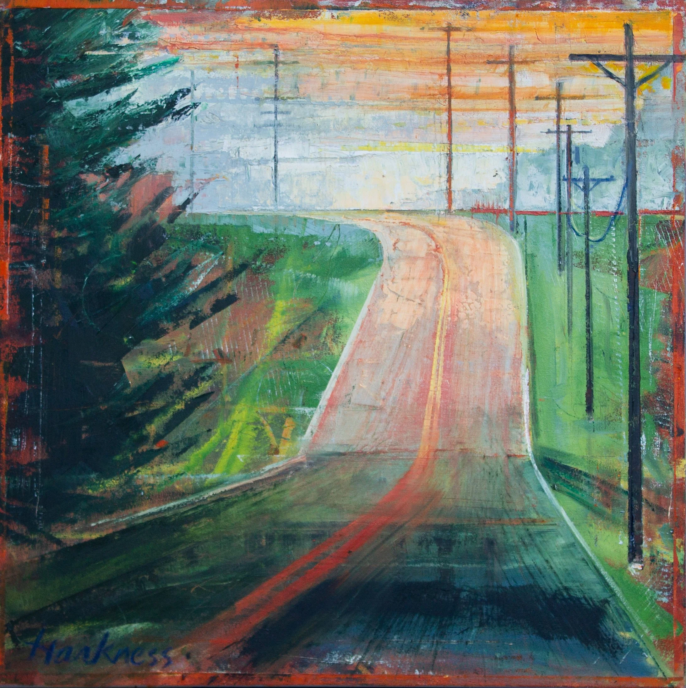 An abstract painting with vibrant colors including shades of green, orange, and blue. The composition features swirling brush strokes and layered textures that evoke an expressive, dynamic scene.
