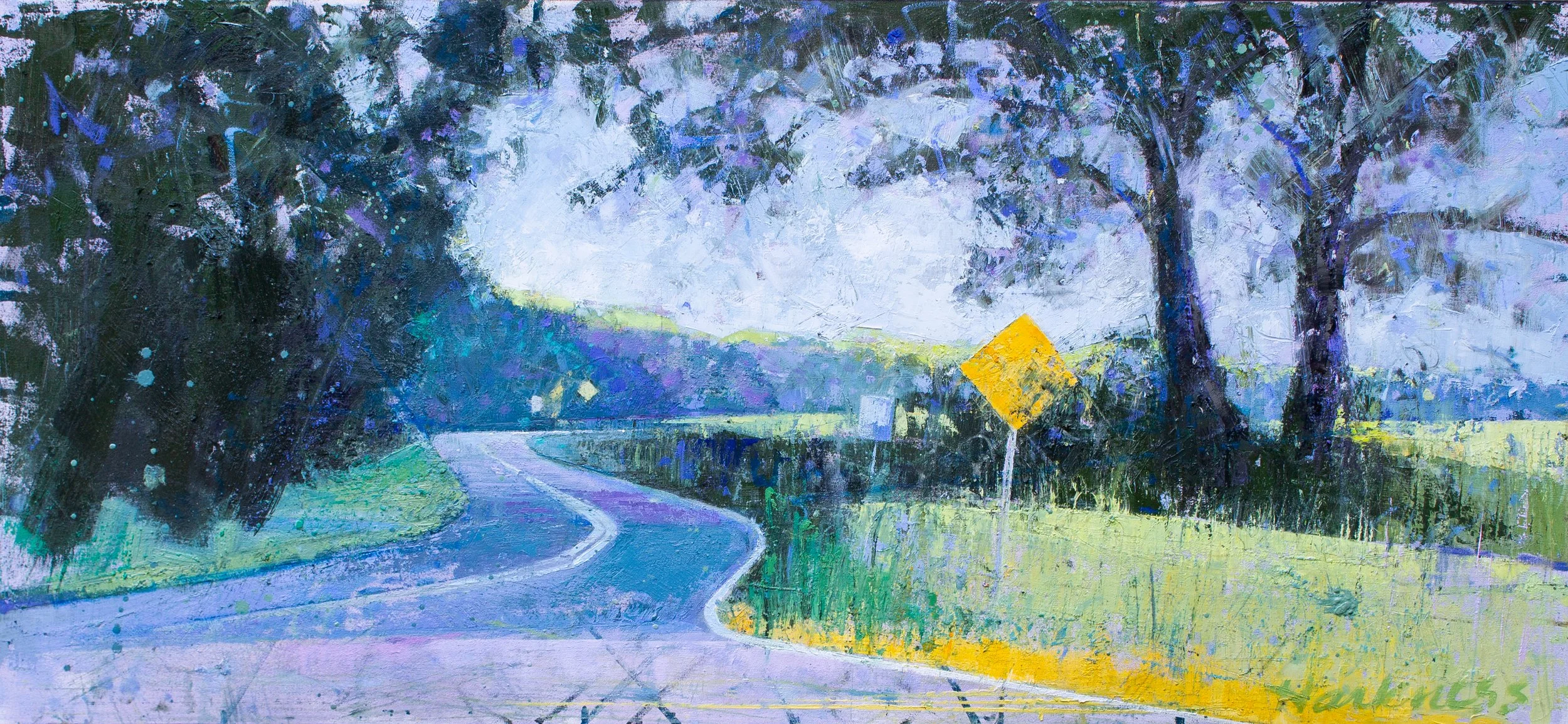 A colorful painting of a winding road through a lush landscape with trees on both sides, a yellow diamond-shaped road sign, and hills in the background, rendered with vibrant brushstrokes.