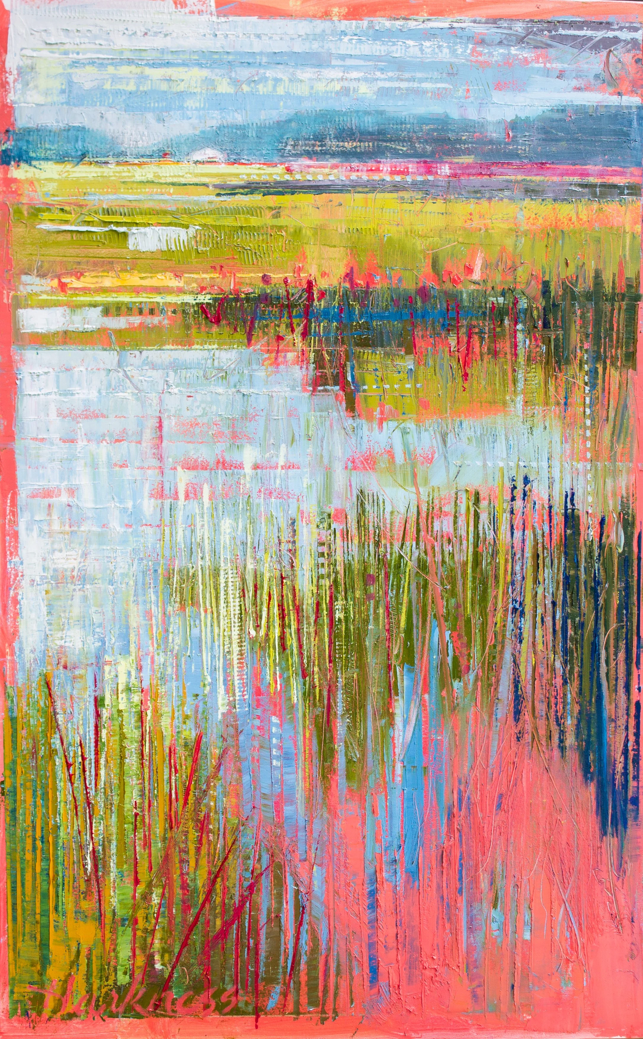 Abstract landscape painting with horizontal bands of pastel blue, green, red, and pink, with vertical streaks and textured brushstrokes.