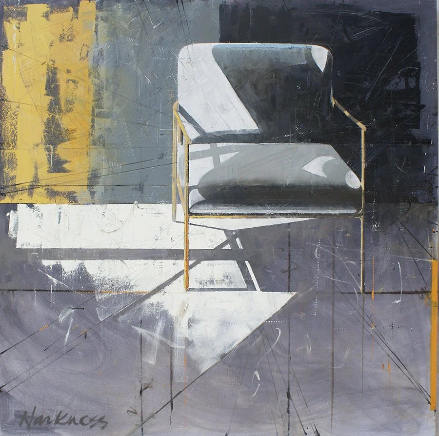 A modern abstract painting of a black and white chair casting a shadow on the floor against a gray and yellow background.