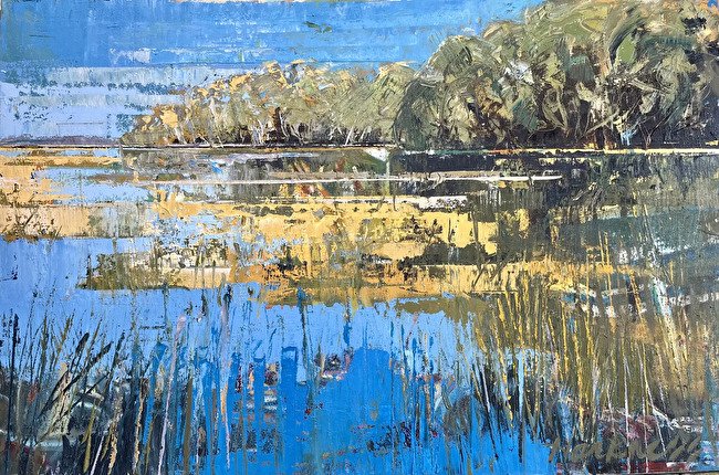 An impressionistic painting of a lakeside scene with water, trees, and a blue sky.