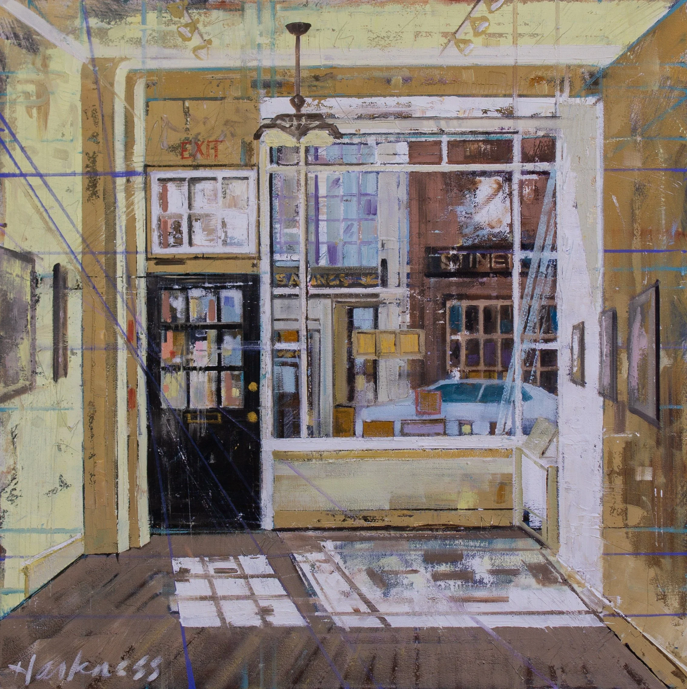 A painting of an indoor space with large windows, a ceiling fan, and an exit sign. The space appears to be under construction or renovation with exposed framework and construction lines visible.