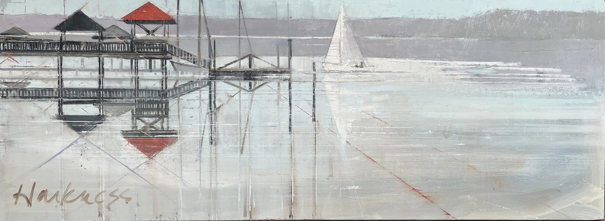 Painting of a dock with a pier extending over calm water, a sailboat in the distance, and reflections of the structures and boat on the water's surface.