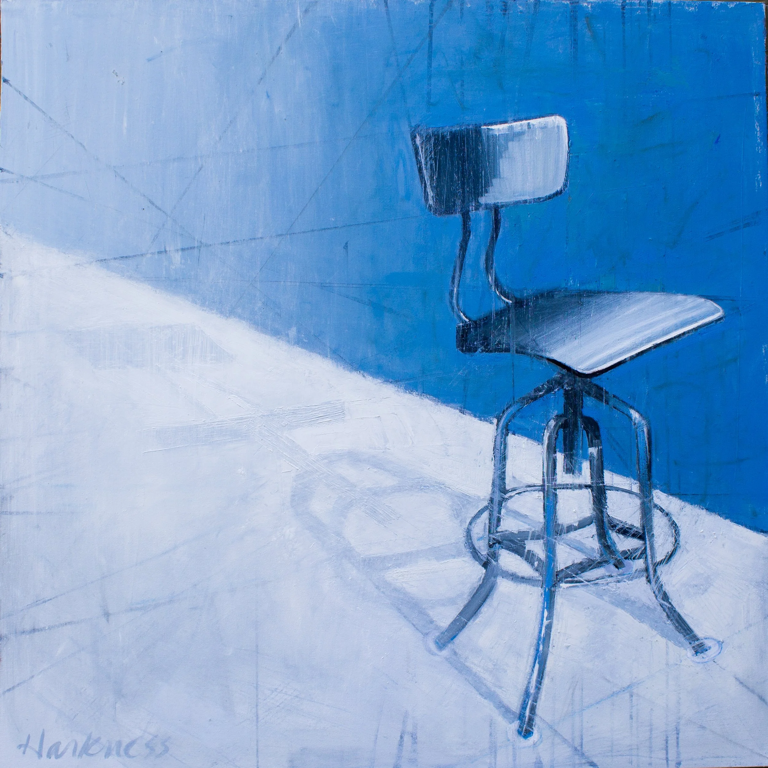 A painted blue background featuring a simple white and black chair with a curved black metal leg and top, painted in an abstract, impressionistic style.