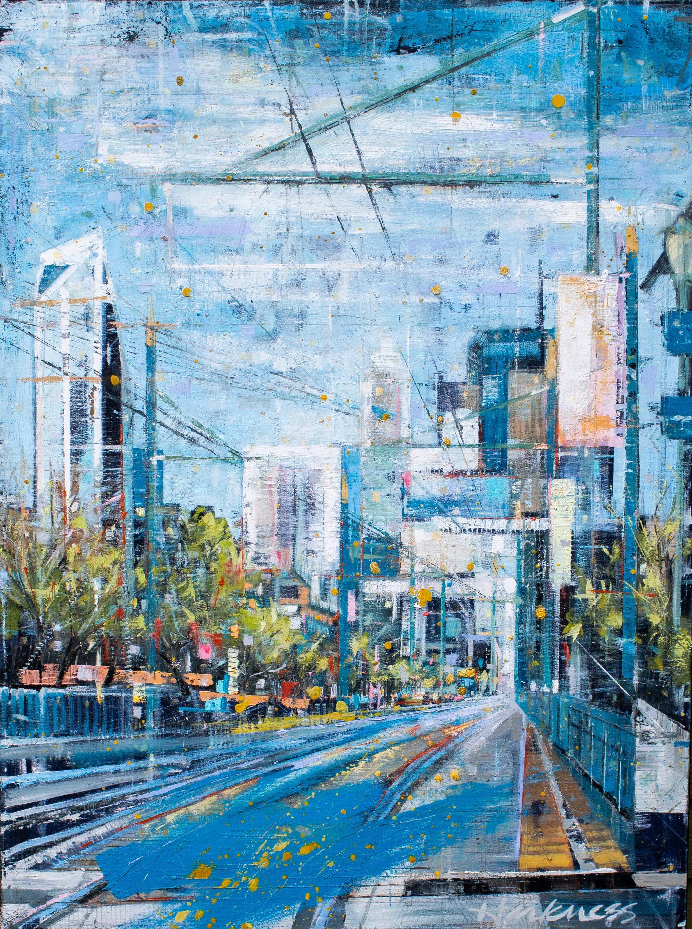 An abstract cityscape painting depicting a street scene with buildings, trees, and power lines in shades of blue, white, and yellow, with expressive brushstrokes and splashes of color.