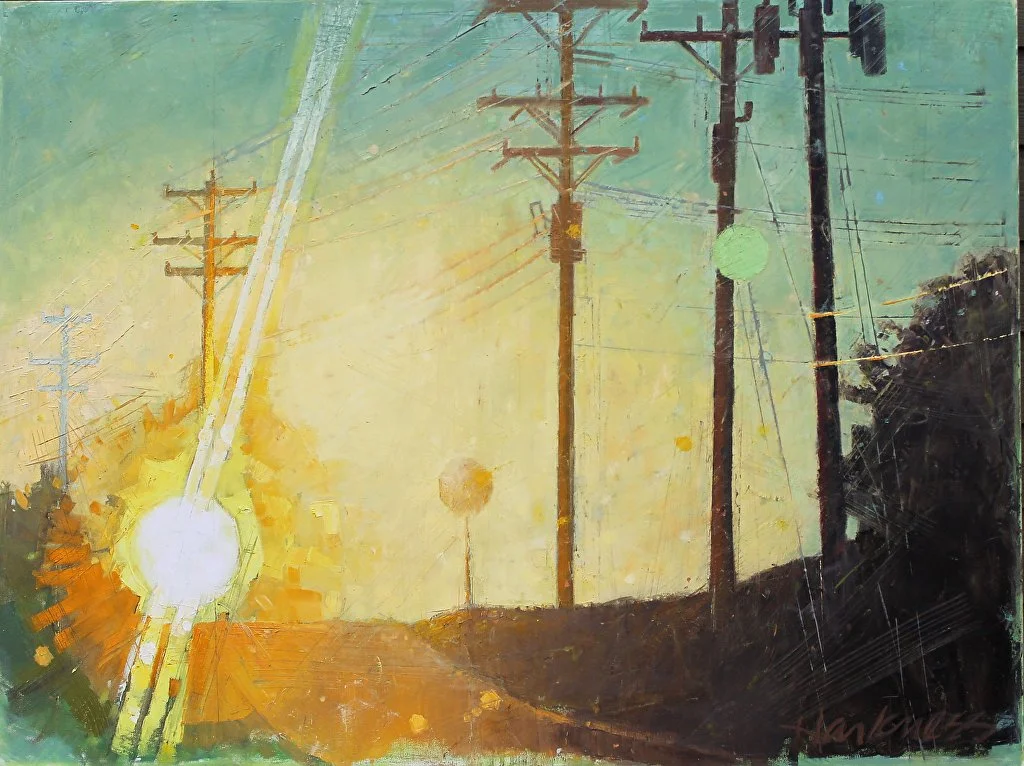 A painted landscape depicting power lines and utility poles during sunset with vibrant yellow and orange hues.