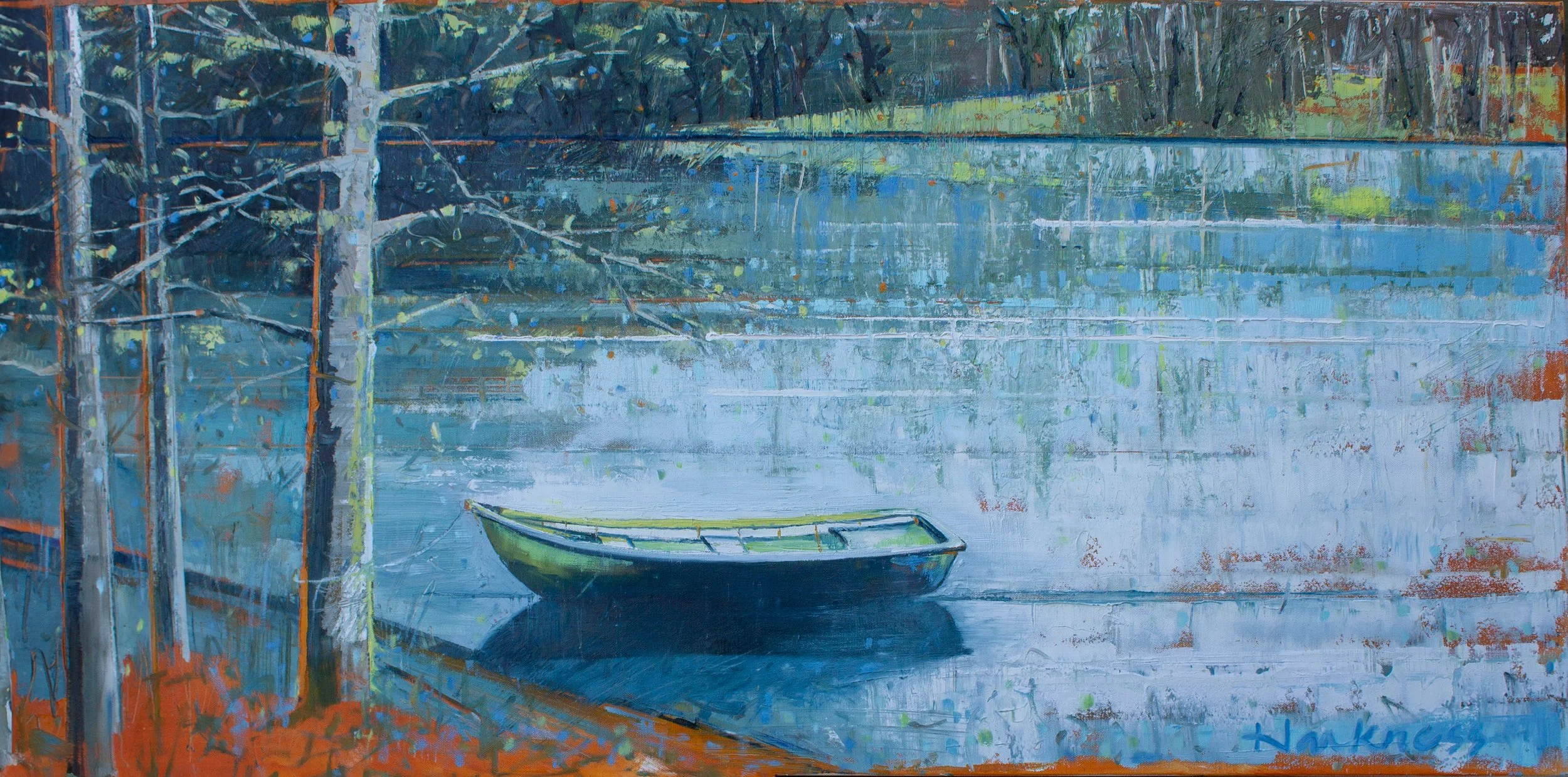A painting of a small sailboat on calm water near a dock with a forested shoreline in the background. The scene is depicted with broad, expressive brushstrokes and a cool color palette.