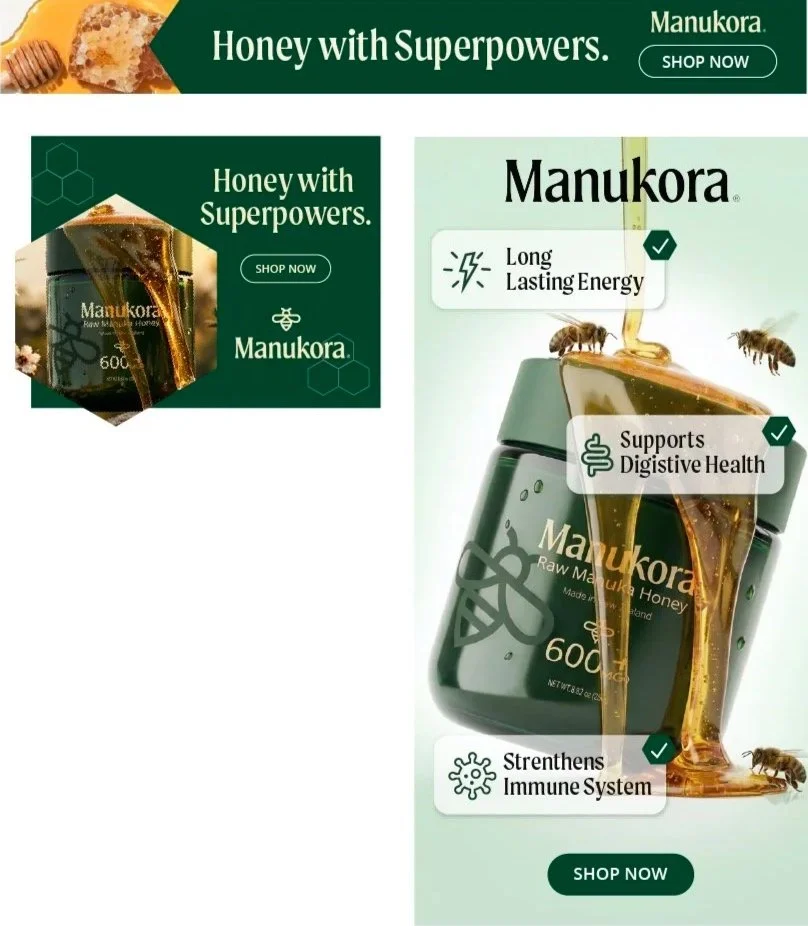 Advertisement for Manukora honey emphasizing its superpowers such as long-lasting energy, supporting digestive health, and strengthening the immune system, featuring a jar of honey with bees and honey being poured.