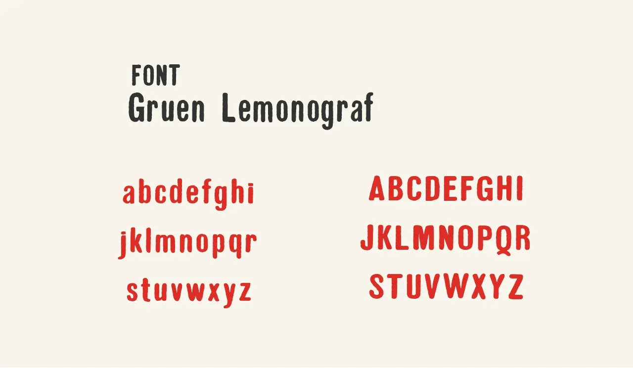 Sample font display titled 'Gruen Lemonograf,' featuring lowercase alphabet on the left in rounded red letters and uppercase on the right in bold red letters.