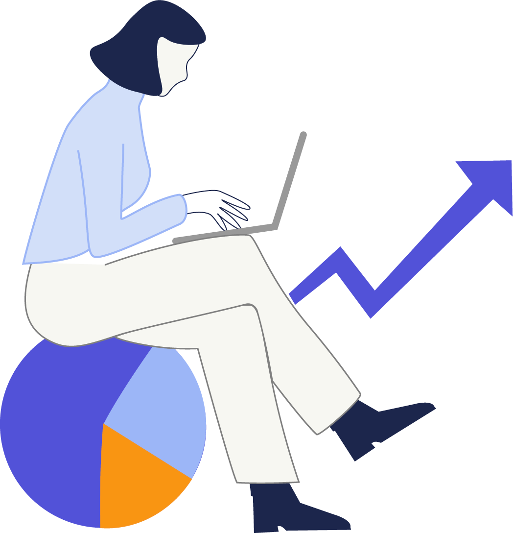 illustration of a women working on laptop with performance infographics