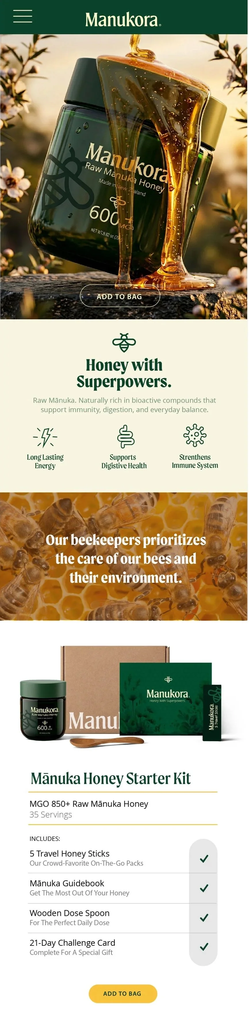 A promotional webpage for Manukora honey showing a jar of raw Manuka honey with honey pouring out, a honey starter kit with various items, and a background with bees and honeycomb.