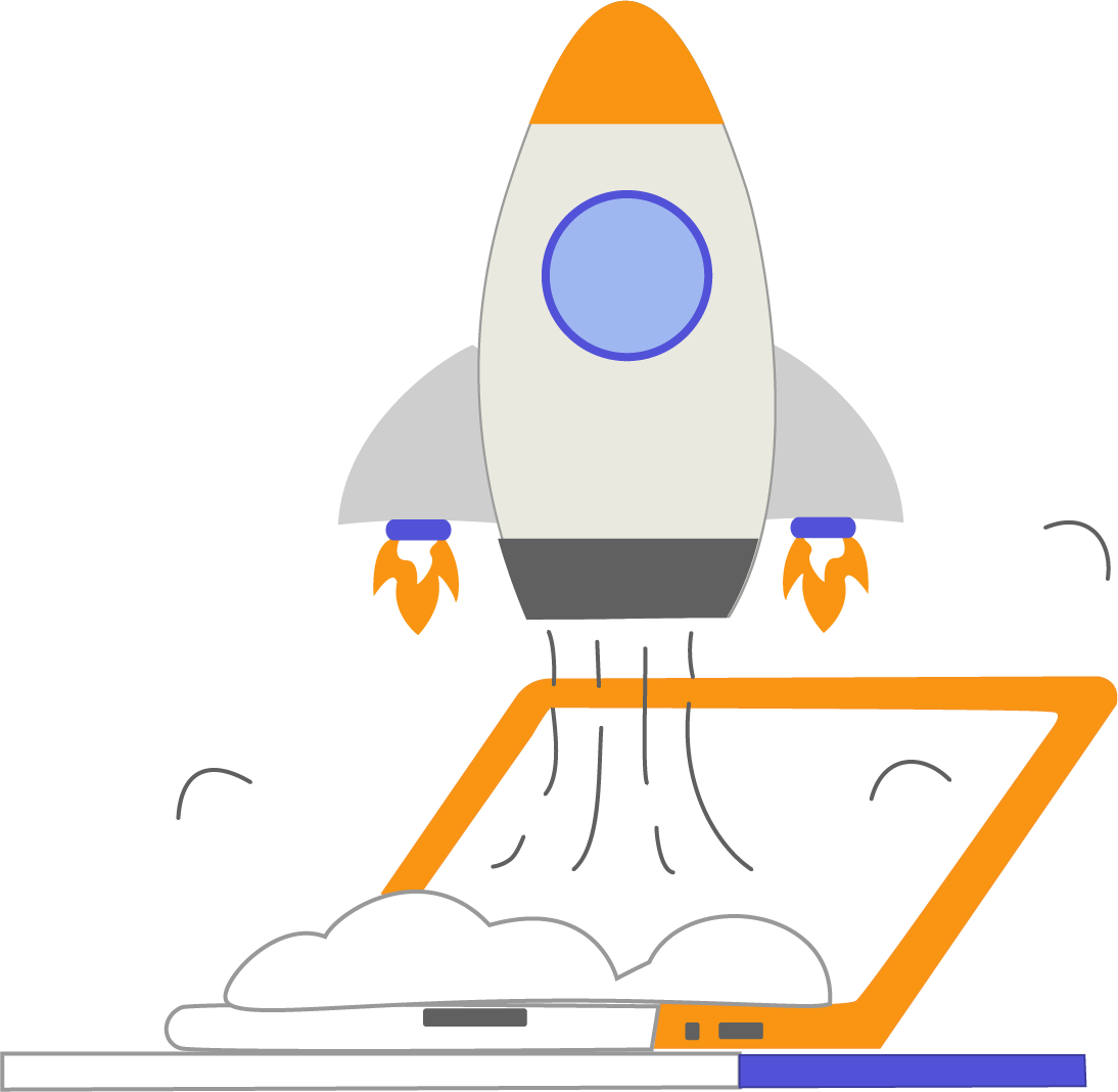 Illustration of a rocket launches from an open laptop