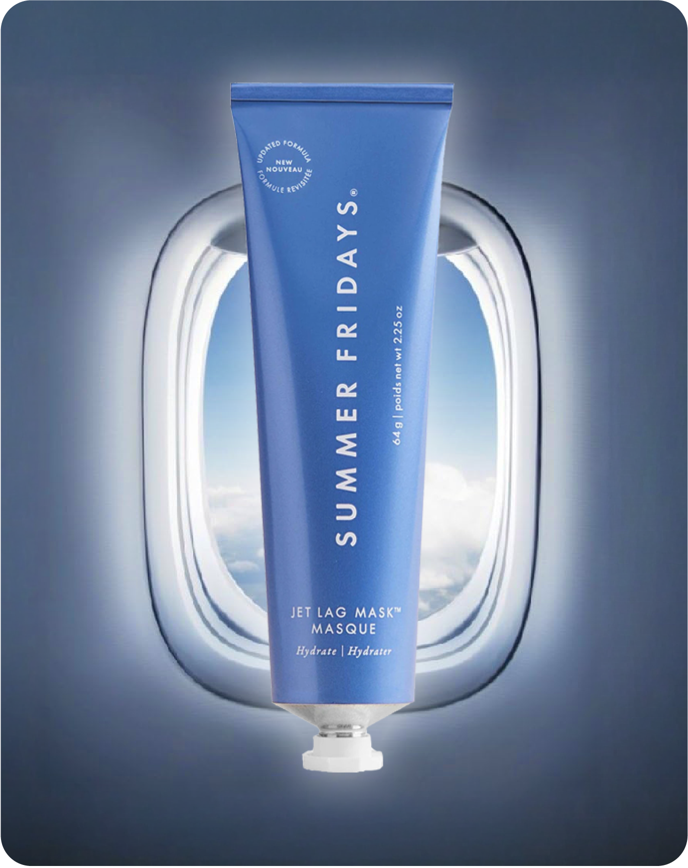 A blue tube of Sulwmeridays Jet Lag Mask placed in front of an airplane window, showing clouds outside, with a focus on the product branding and description.