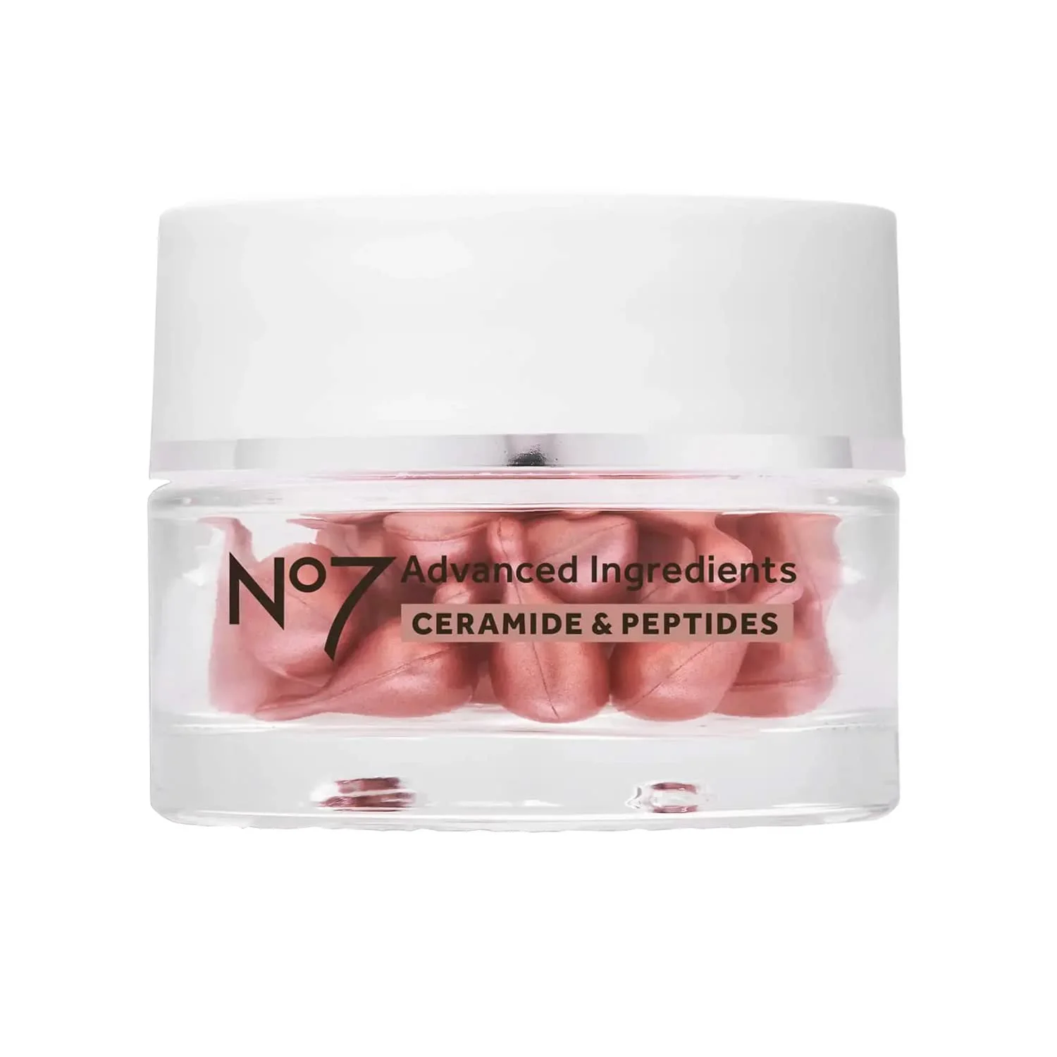 A clear plastic container filled with pink capsules labeled 'No7 Advanced Ingredients Ceramide & Peptides'.