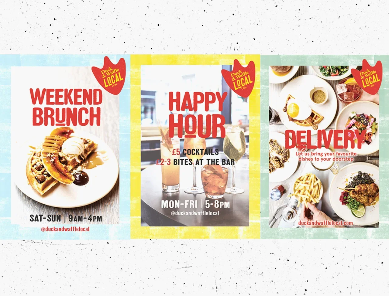 Promotional flyers for Duck & Waffle Local, advertising weekend brunch, happy hour, and delivery services with images of food and drinks.