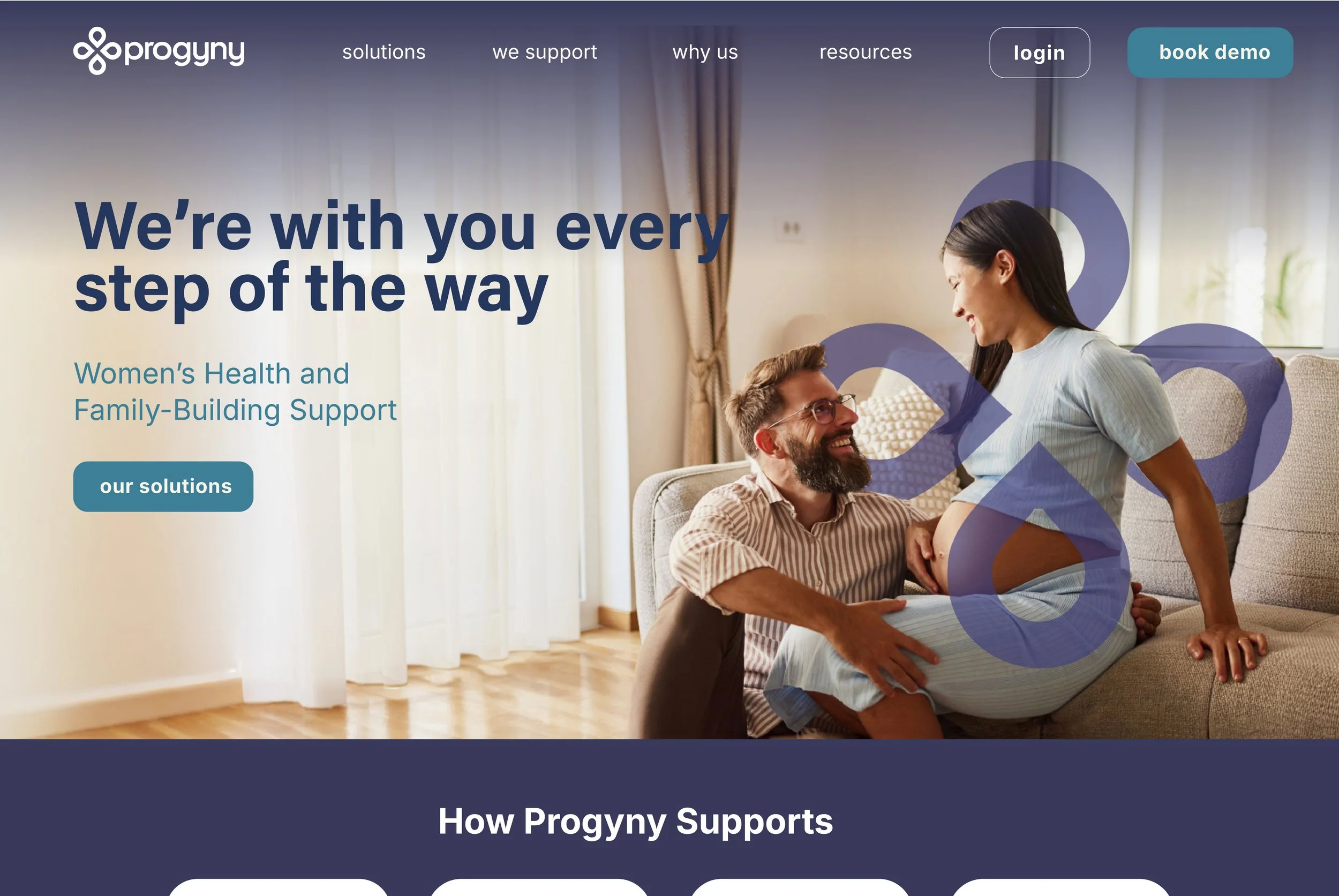 Screenshot of a website homepage for Progyny featuring a smiling pregnant woman and a man, with the headline 'We're with you every step of the way' and navigation options such as solutions, we support, why us, resources, login, and book demo.