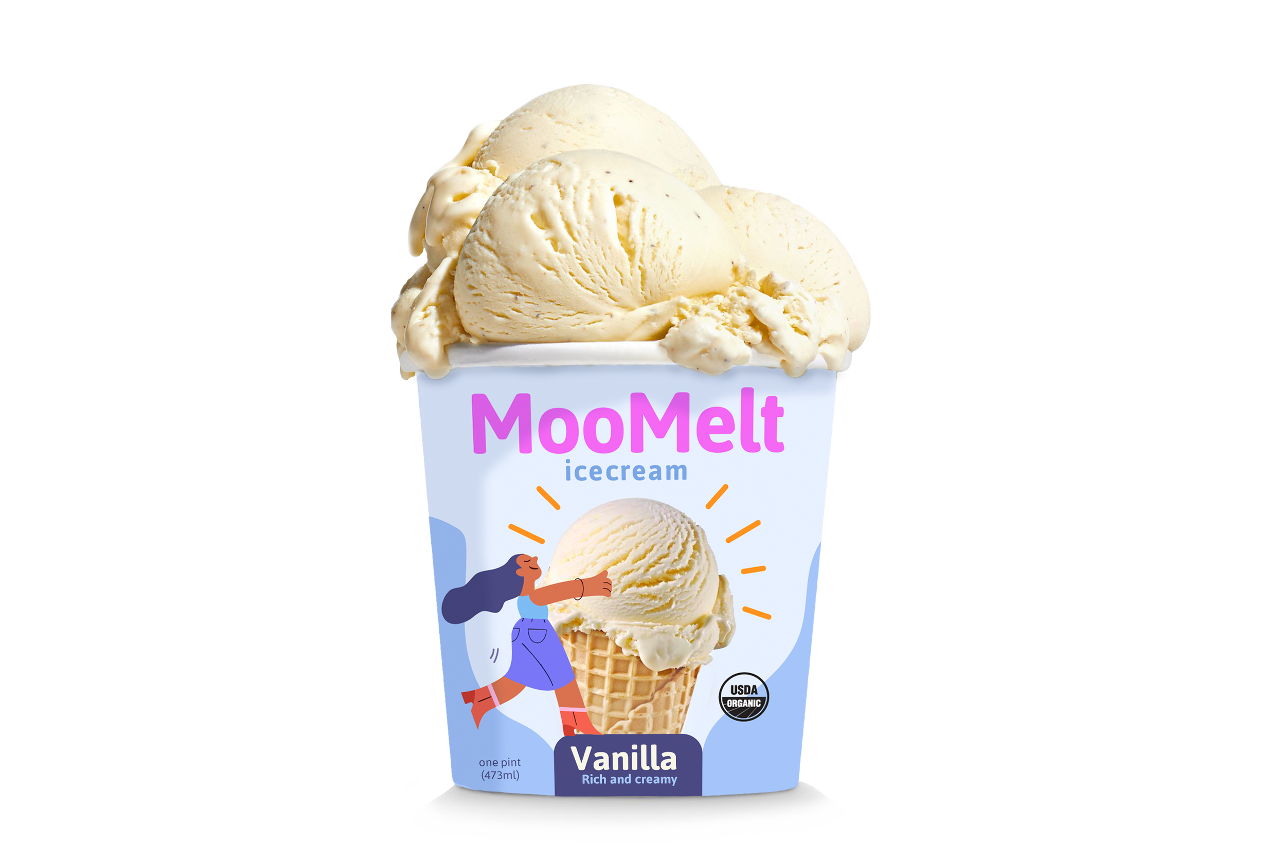 A vanilla ice cream carton labeled 'MooMelt' with an illustration of a woman enjoying ice cream, featuring a scoop of vanilla ice cream in a cone, and a USDA Organic seal.