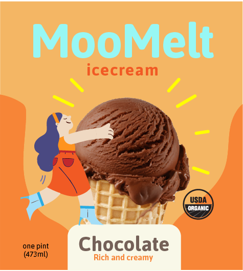 MooMelt ice cream packaging featuring a scoop of chocolate ice cream in a waffle cone, with a cartoon girl hugging the cone, and text indicating it is organic and rich and creamy.