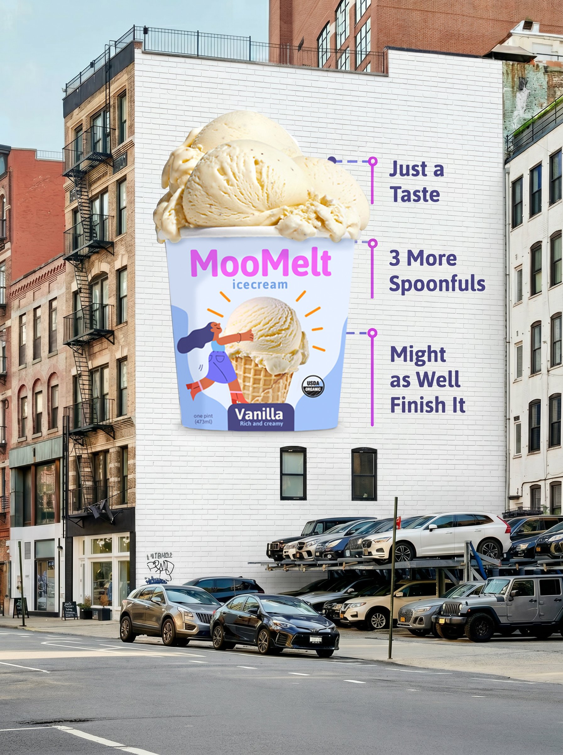 A large outdoor advertisement painted on the side of a white brick building, featuring a cup of vanilla ice cream with the brand name MooMelt and promotional text highlighting three spoonfuls and the flavor vanilla, with surrounding cityscape and parked cars.