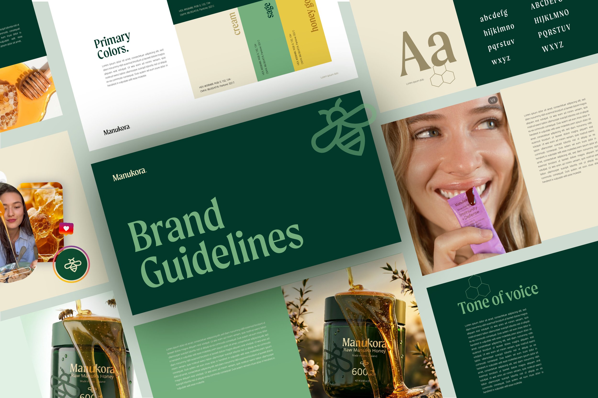 Collage of branding and packaging design for Manukora Raw Manuka Honey, featuring a smiling woman holding a honey packet, botanical illustrations, and descriptions of brand guidelines.