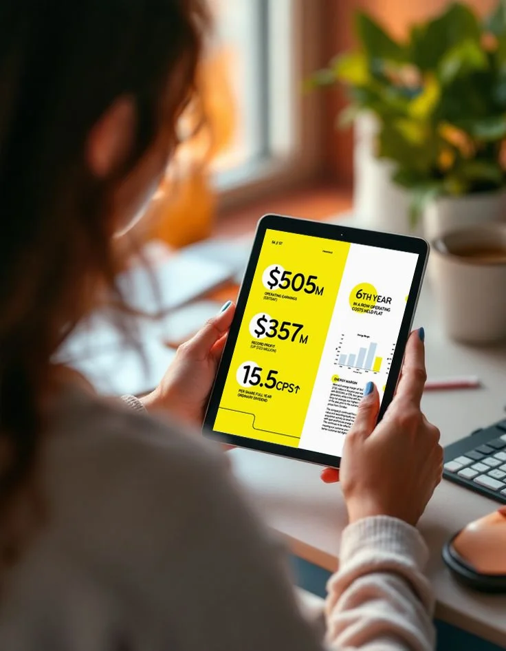 A woman holds a tablet displaying financial or business data with yellow and white graphics, including dollar amounts, a chart, and text.