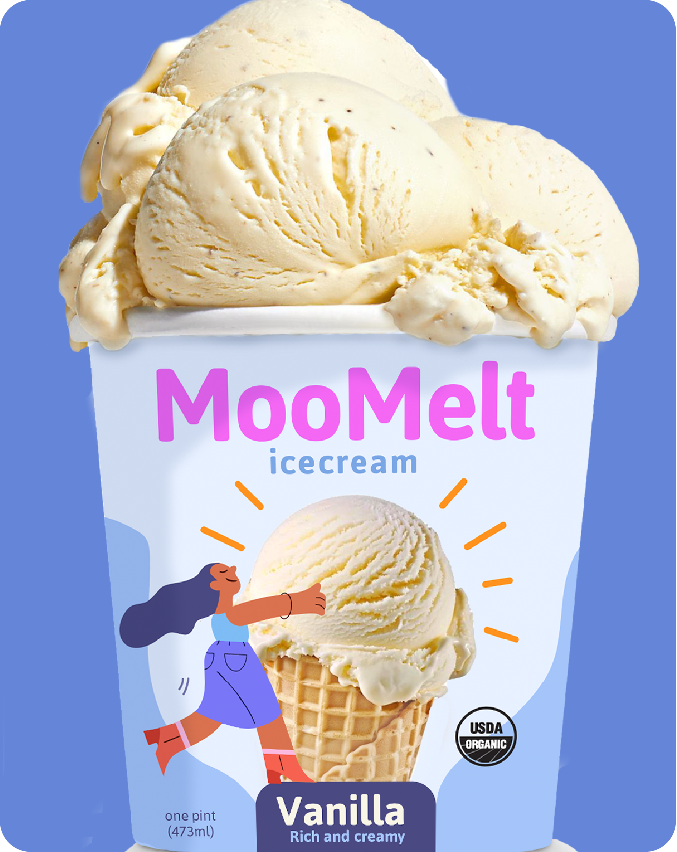 A pint container of MooMelt vanilla ice cream with three scoops on top, a cartoon woman hugging the ice cream, and a blue background. The container has a USDA Organic seal and is labeled as rich and creamy.