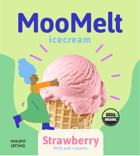 MooMelt organic strawberry ice cream in a waffle cone with a cartoon cow enjoying the ice cream, USDA Organic label, and a green and purple background.