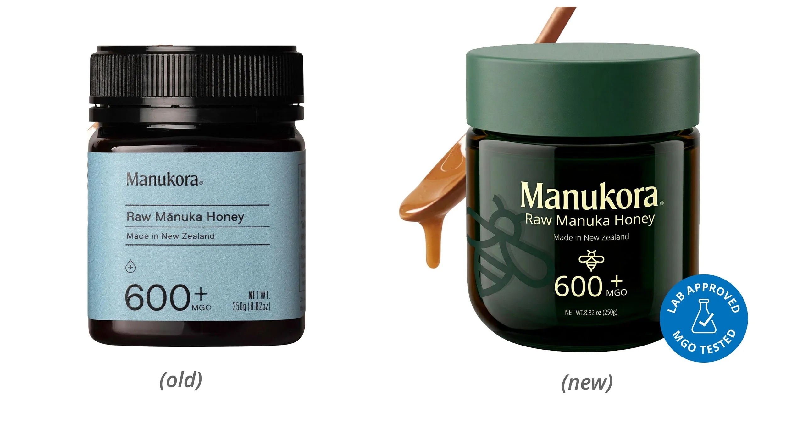 Comparison of two bottles of Manukora Raw Manuka Honey, one labeled as old and the other as new. The old bottle has a blue label, and the new bottle has a dark green label with a honey dipper with honey dripping from it. The new bottle has a blue badge indicating lab-tested MGO.