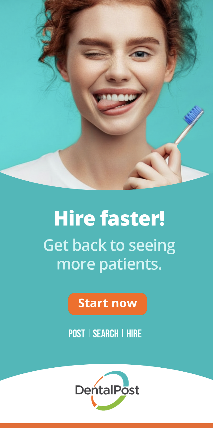 A young woman with curly red hair holding a toothbrush, winking, sticking out her tongue, and smiling against a turquoise background, promoting faster dental hiring.