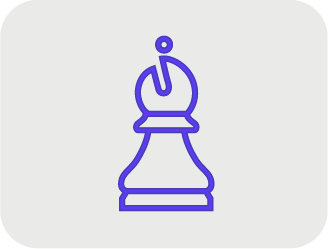Illustration of a chess king piece in purple outline on a gray background.